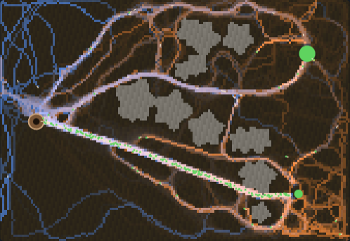 Ants on glowing blue and orange scent trails winding between grey rocks from a nest to two green food piles