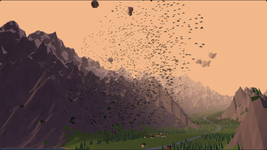 A murmuration of starlings, a dark cloud of birds against a peach evening sky over the Alps
