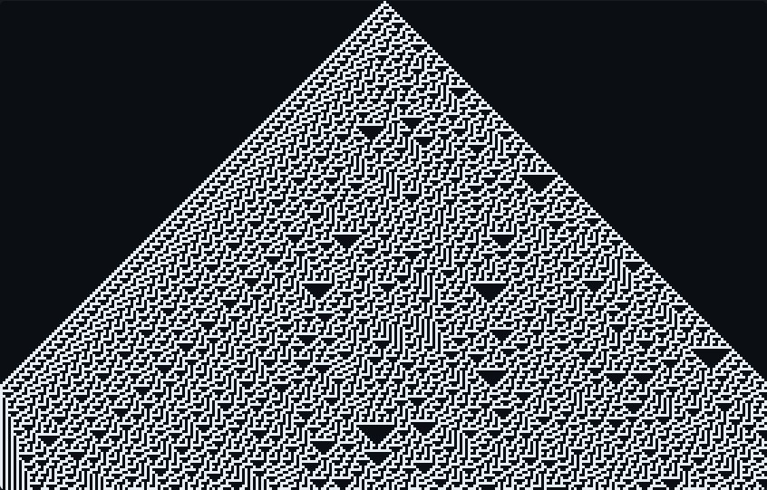 Rule 30: a triangle of white and black cells, orderly on the left and chaotic on the right