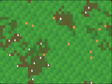 A green field with white rabbits and orange foxes, patches of grass eaten down to brown earth