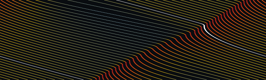 Space-time diagram with red braking waves travelling backwards