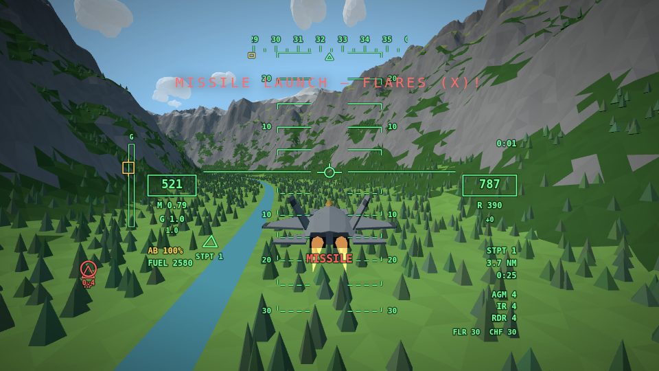 The fighter low in the valley as a missile warning flashes on its HUD