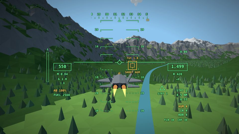 A grey stealth fighter on afterburner, low over a river in a mountain valley, its HUD locked on a target ahead