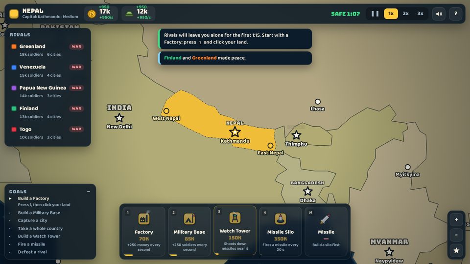 World map strategy game with Nepal highlighted