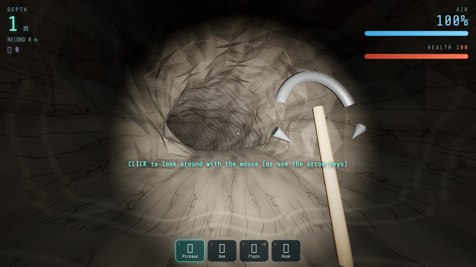 A dark rock tunnel lit by a headlamp, with a pickaxe