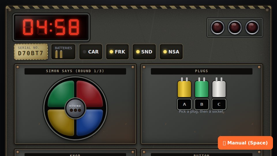 A bomb with a red countdown timer, a Simon Says pad and coloured plugs