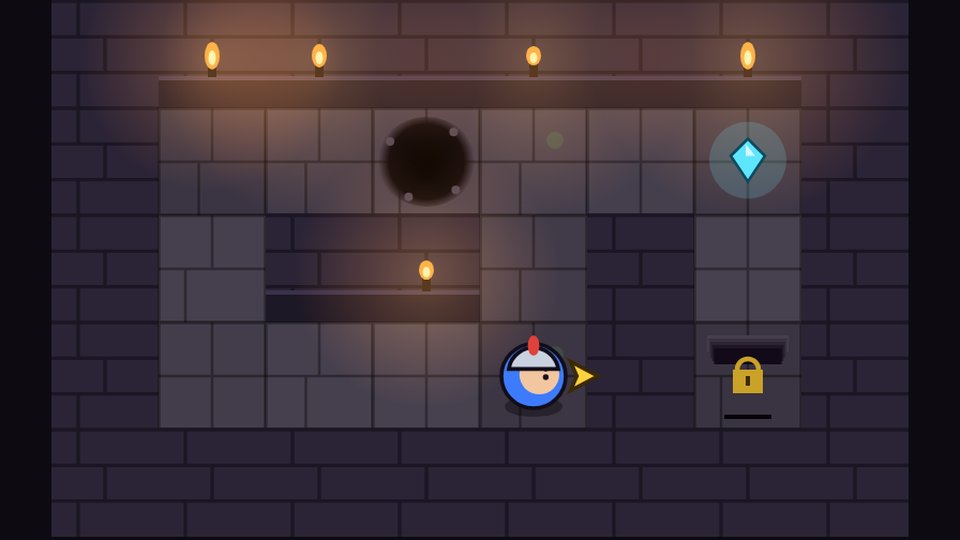 A knight in a torch-lit dungeon next to a pit, a gem and locked stairs