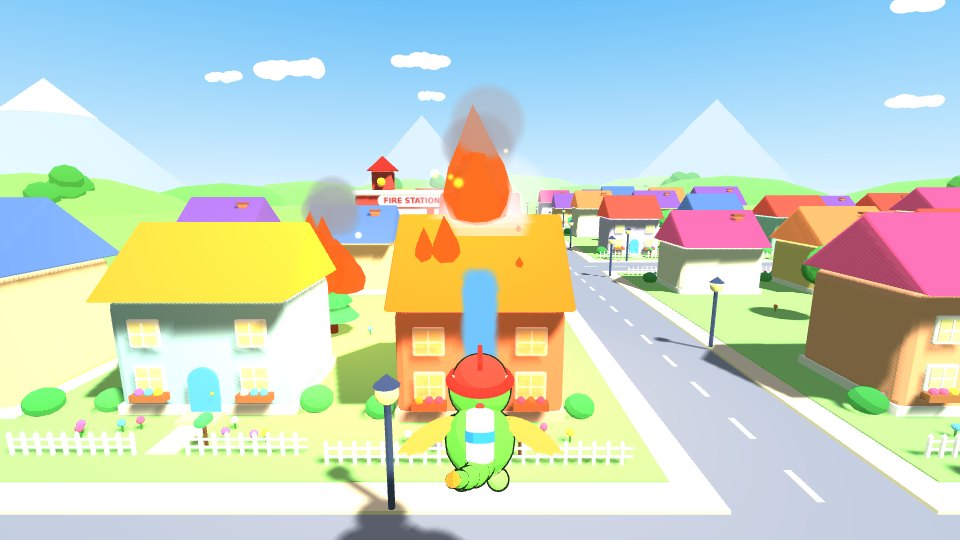 A little green dragon in a red firefighter helmet sprays water at a burning house in a colourful toy town