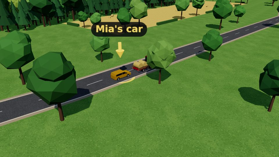 A yellow car stuck behind a broken-down tractor on a country road