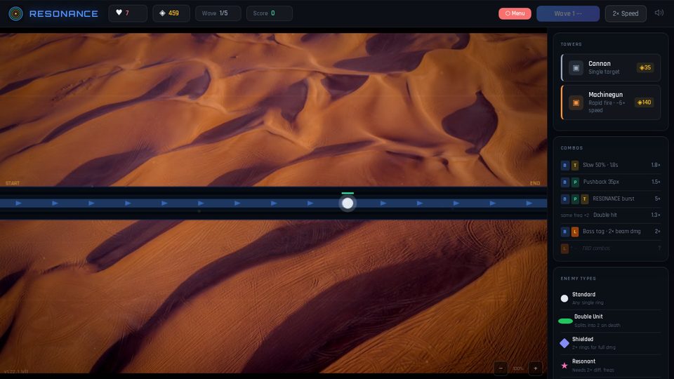 Tower defense board over desert dunes