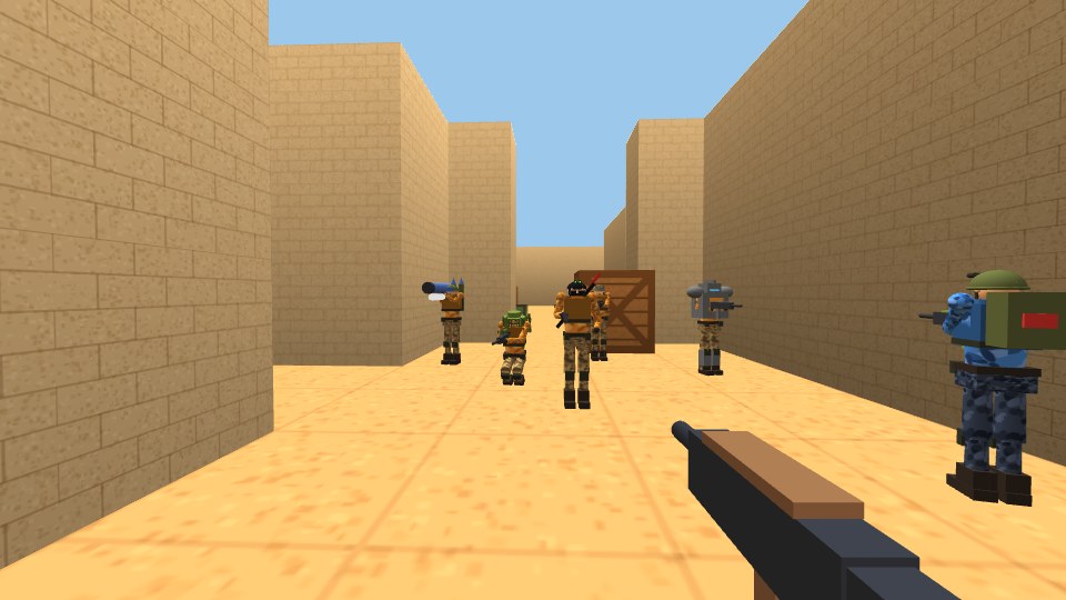 A squad of soldiers coming up a desert corridor toward the player