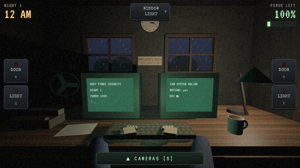 A night guard's office with monitors, doors and lights