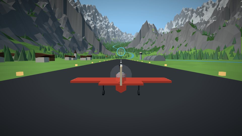 A red plane on the runway in an alpine valley, snowy peaks ahead