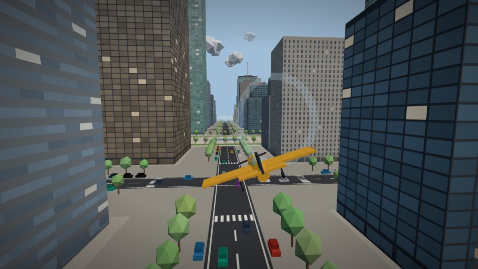 A yellow plane flying low down a city boulevard between tower blocks