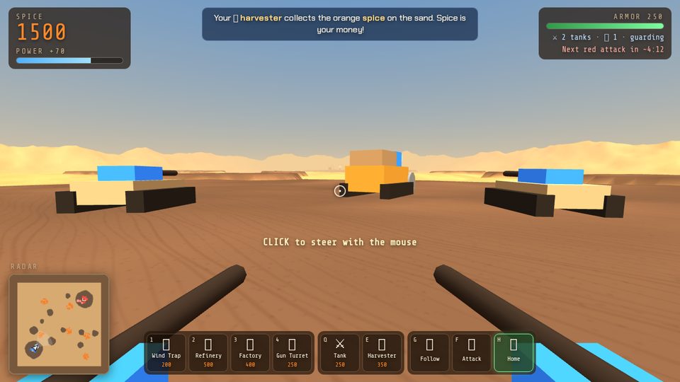 Hover tank view over the desert with tanks and a harvester