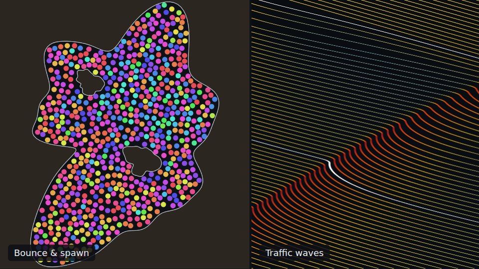 Left: a cave crammed with coloured balls. Right: red braking waves travelling backwards through traffic