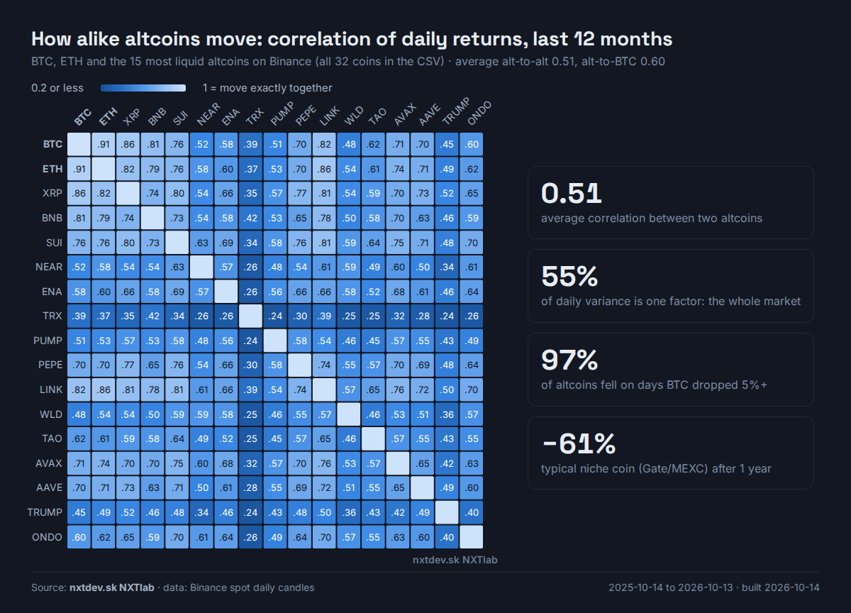 Heatmap: correlation of daily returns between BTC, ETH and 15 altcoins, last 12 months